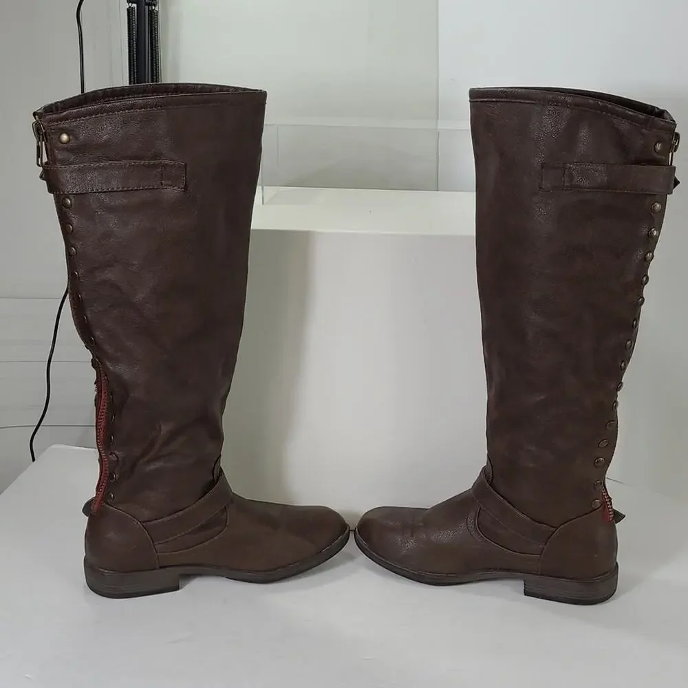 Bamboo Montage 83 SZ 6.5 Brown Studded Knee High Riding Equestrian Boots Vegan